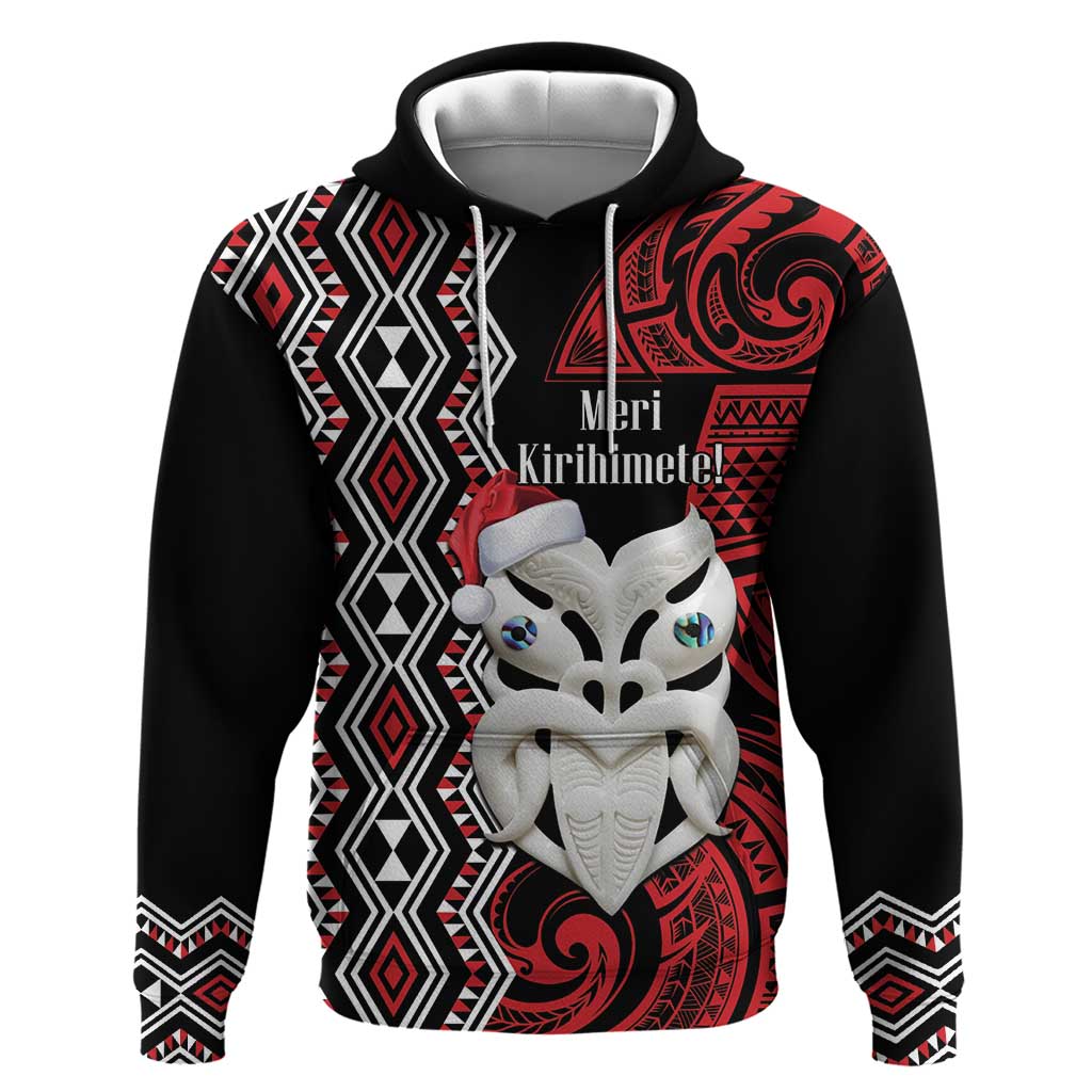 Personalised New Zealand Christmas Hoodie Meri Kirihimete Maori Wheku - Taniko Art LT14 Pullover Hoodie Black - Polynesian Pride