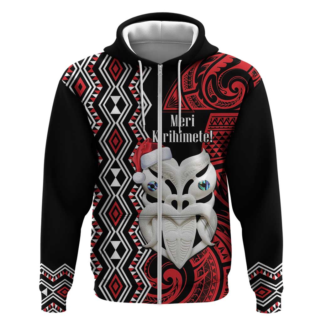 Personalised New Zealand Christmas Hoodie Meri Kirihimete Maori Wheku - Taniko Art LT14 Zip Hoodie Black - Polynesian Pride