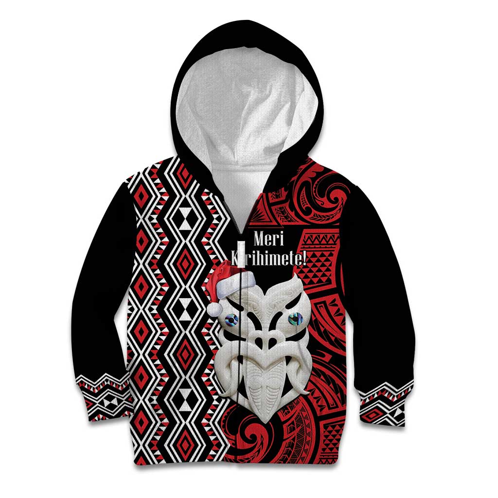 Personalised New Zealand Christmas Kid Hoodie Meri Kirihimete Maori Wheku - Taniko Art LT14 Zip Hoodie Black - Polynesian Pride