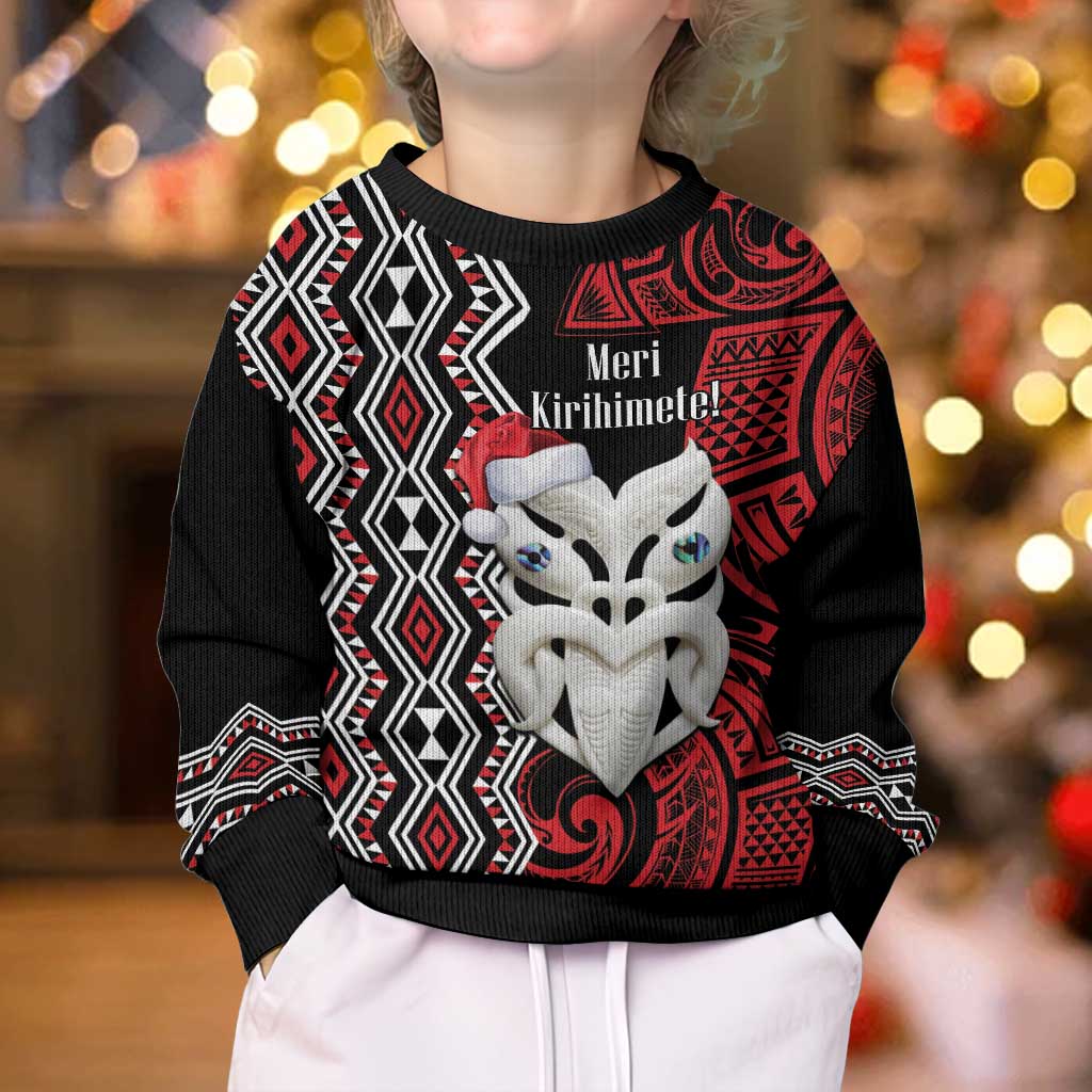 Personalised New Zealand Christmas Kid Ugly Christmas Sweater Meri Kirihimete Maori Wheku - Taniko Art LT14 - Polynesian Pride