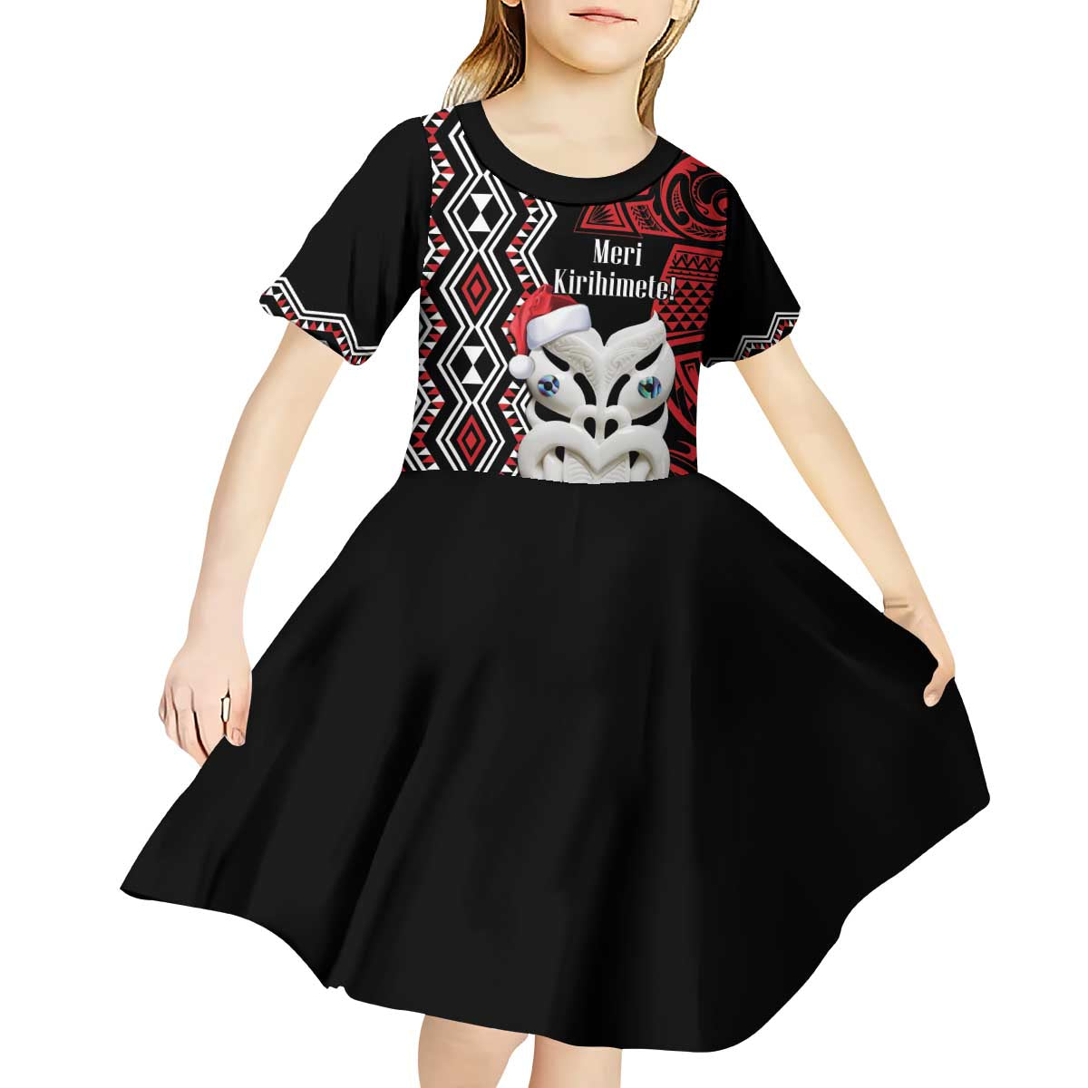 Personalised New Zealand Christmas Kid Short Sleeve Dress Meri Kirihimete Maori Wheku - Taniko Art LT14 - Polynesian Pride