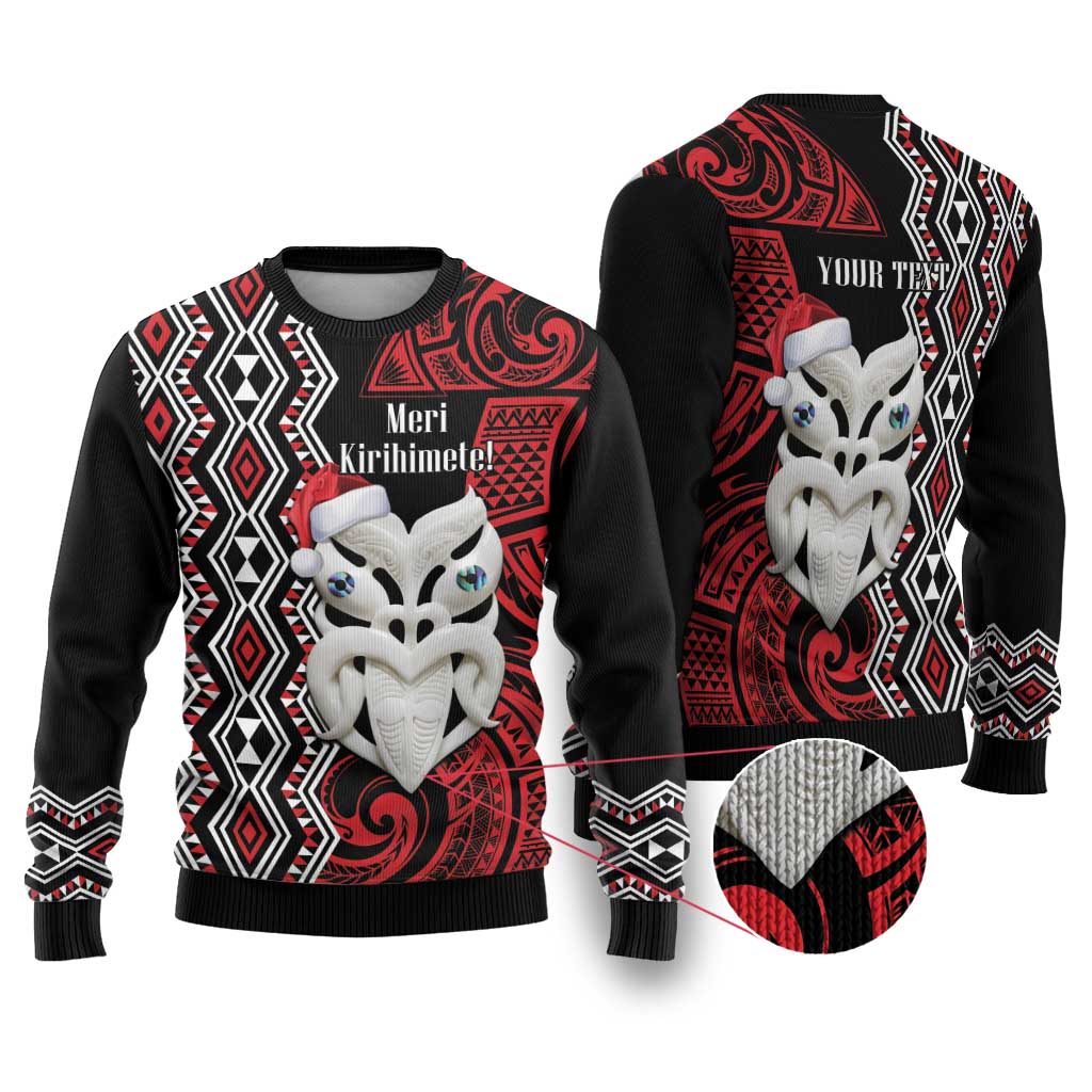 Personalised New Zealand Christmas Ugly Christmas Sweater Meri Kirihimete Maori Wheku - Taniko Art LT14 Black - Polynesian Pride