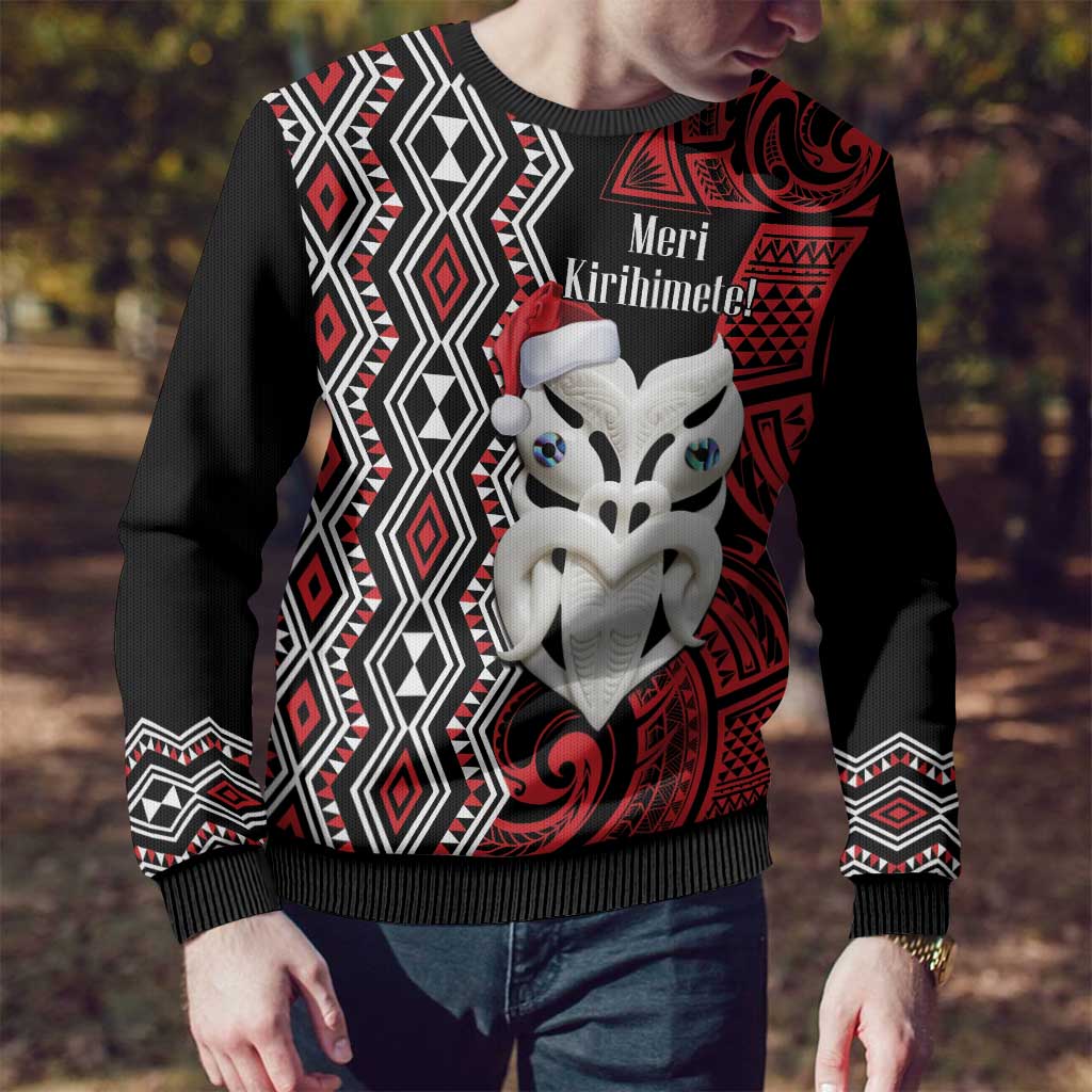 Personalised New Zealand Christmas Ugly Christmas Sweater Meri Kirihimete Maori Wheku - Taniko Art LT14 - Polynesian Pride