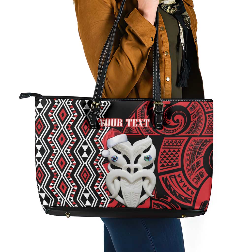 Personalised New Zealand Christmas Leather Tote Bag Meri Kirihimete Maori Wheku - Taniko Art LT14 - Polynesian Pride