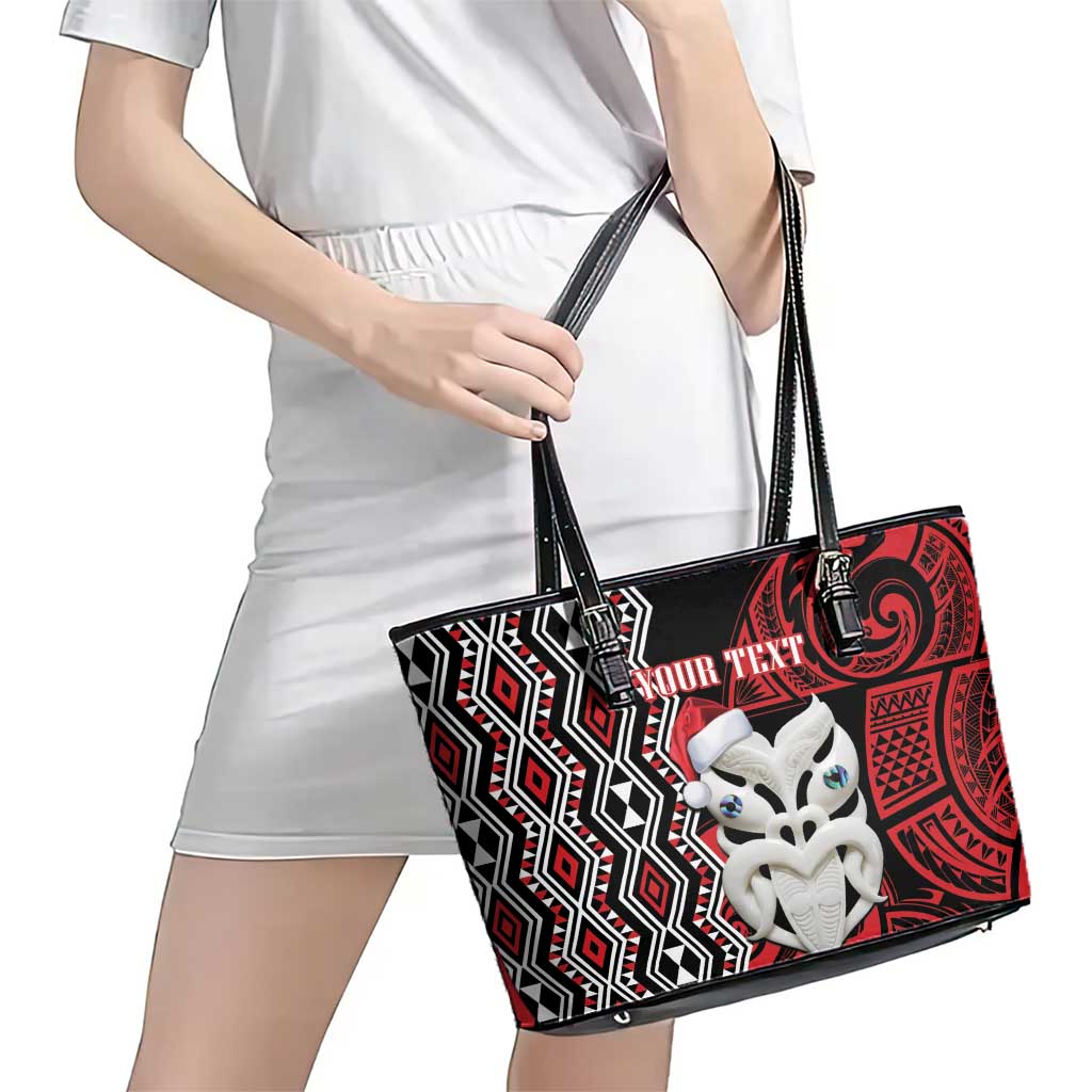 Personalised New Zealand Christmas Leather Tote Bag Meri Kirihimete Maori Wheku - Taniko Art LT14 - Polynesian Pride