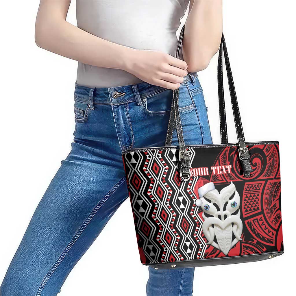 Personalised New Zealand Christmas Leather Tote Bag Meri Kirihimete Maori Wheku - Taniko Art LT14 - Polynesian Pride