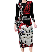 Personalised New Zealand Christmas Long Sleeve Bodycon Dress Meri Kirihimete Maori Wheku - Taniko Art LT14 Long Dress Black - Polynesian Pride