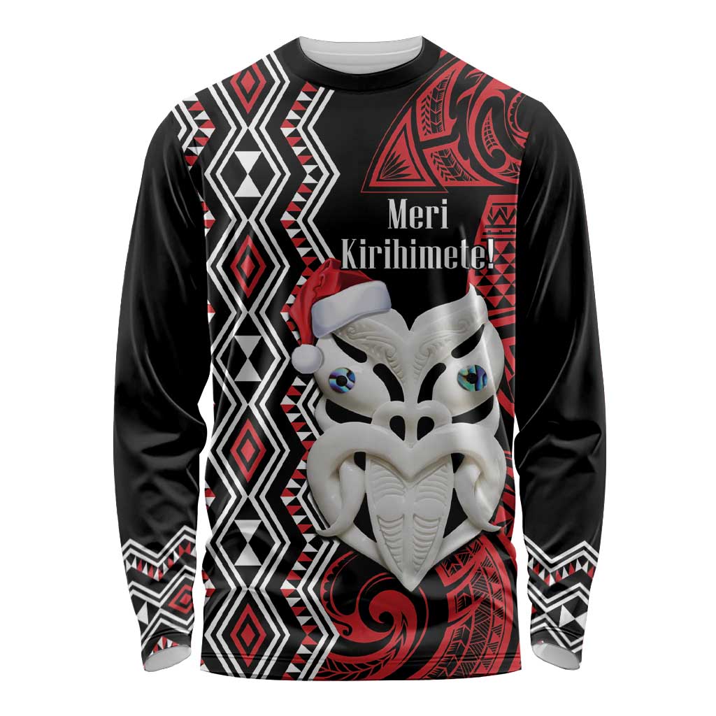 Personalised New Zealand Christmas Long Sleeve Shirt Meri Kirihimete Maori Wheku - Taniko Art LT14 Unisex Black - Polynesian Pride