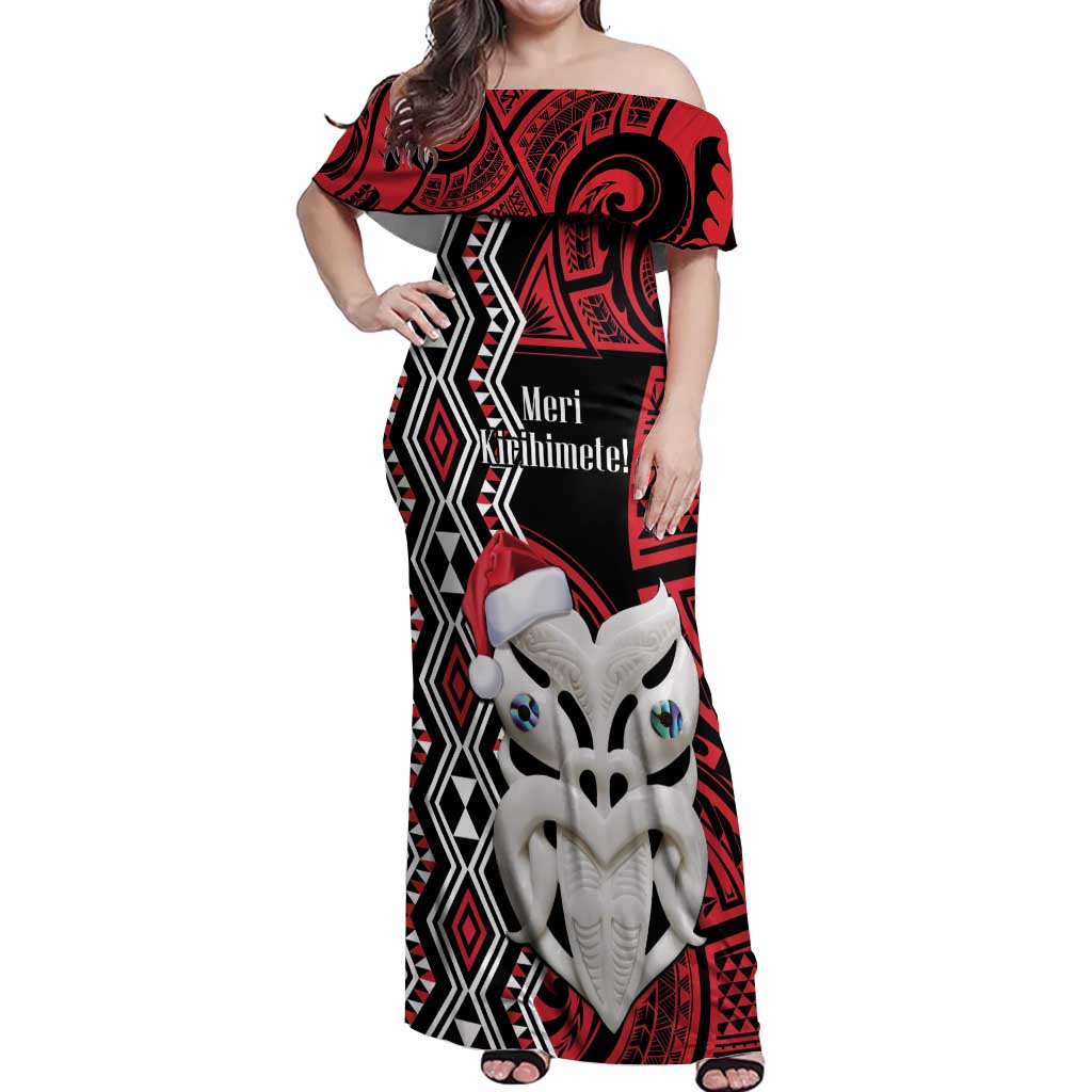 Personalised New Zealand Christmas Off Shoulder Maxi Dress Meri Kirihimete Maori Wheku - Taniko Art LT14 Women Black - Polynesian Pride
