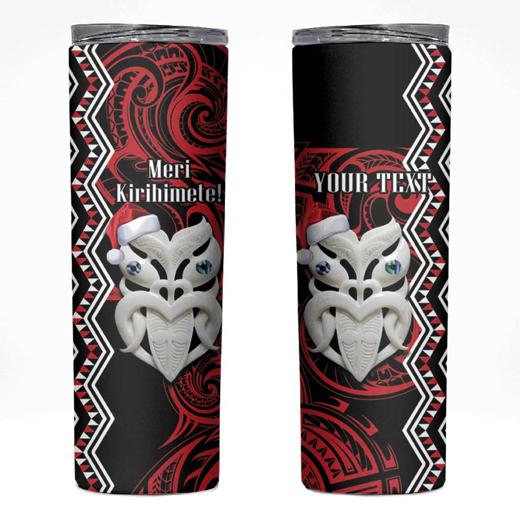 Personalised New Zealand Christmas Skinny Tumbler Meri Kirihimete Maori Wheku - Taniko Art LT14 Black - Polynesian Pride