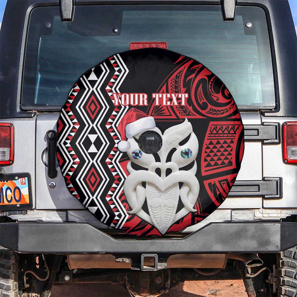 Personalised New Zealand Christmas Spare Tire Cover Meri Kirihimete Maori Wheku - Taniko Art LT14 Black - Polynesian Pride
