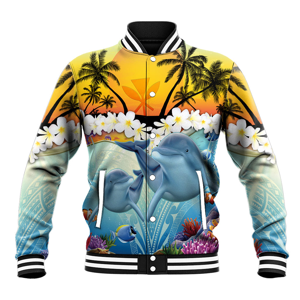 Aloha Hawaii Dolphins Baseball Jacket Heart Of The Ocean Tropical Summer Vibes LT14 Unisex Blue - Polynesian Pride