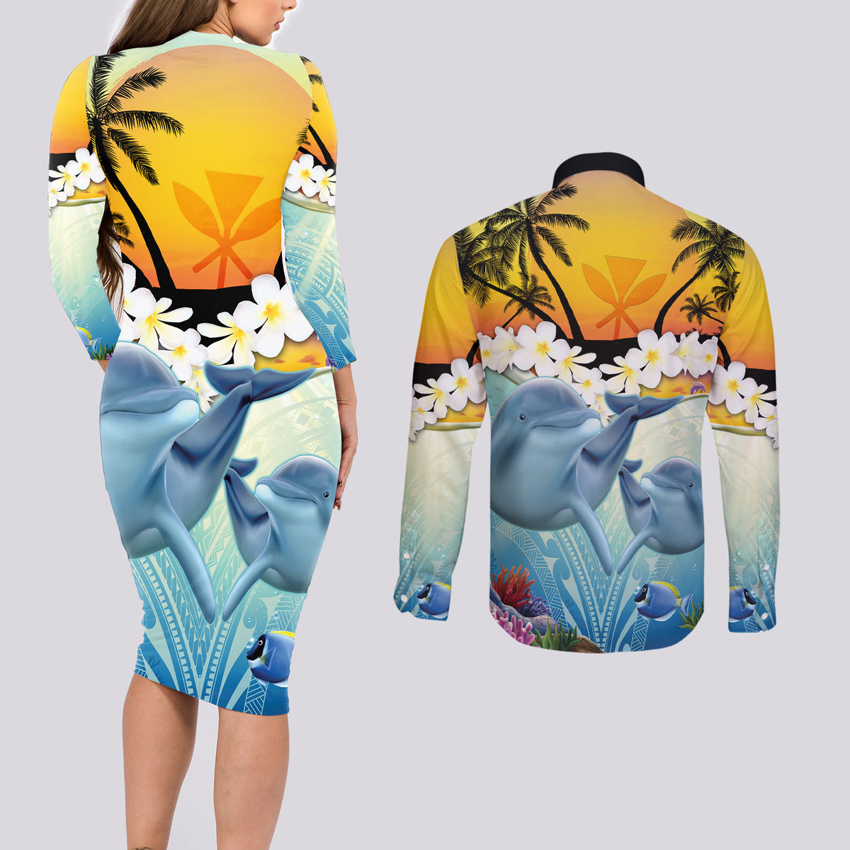 Aloha Hawaii Dolphins Couples Matching Long Sleeve Bodycon Dress and Long Sleeve Button Shirt Heart Of The Ocean Tropical Summer Vibes LT14 - Polynesian Pride