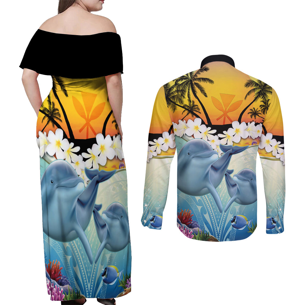 Aloha Hawaii Dolphins Couples Matching Off Shoulder Maxi Dress and Long Sleeve Button Shirt Heart Of The Ocean Tropical Summer Vibes LT14 - Polynesian Pride