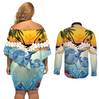 Aloha Hawaii Dolphins Couples Matching Off Shoulder Short Dress and Long Sleeve Button Shirt Heart Of The Ocean Tropical Summer Vibes LT14 - Polynesian Pride