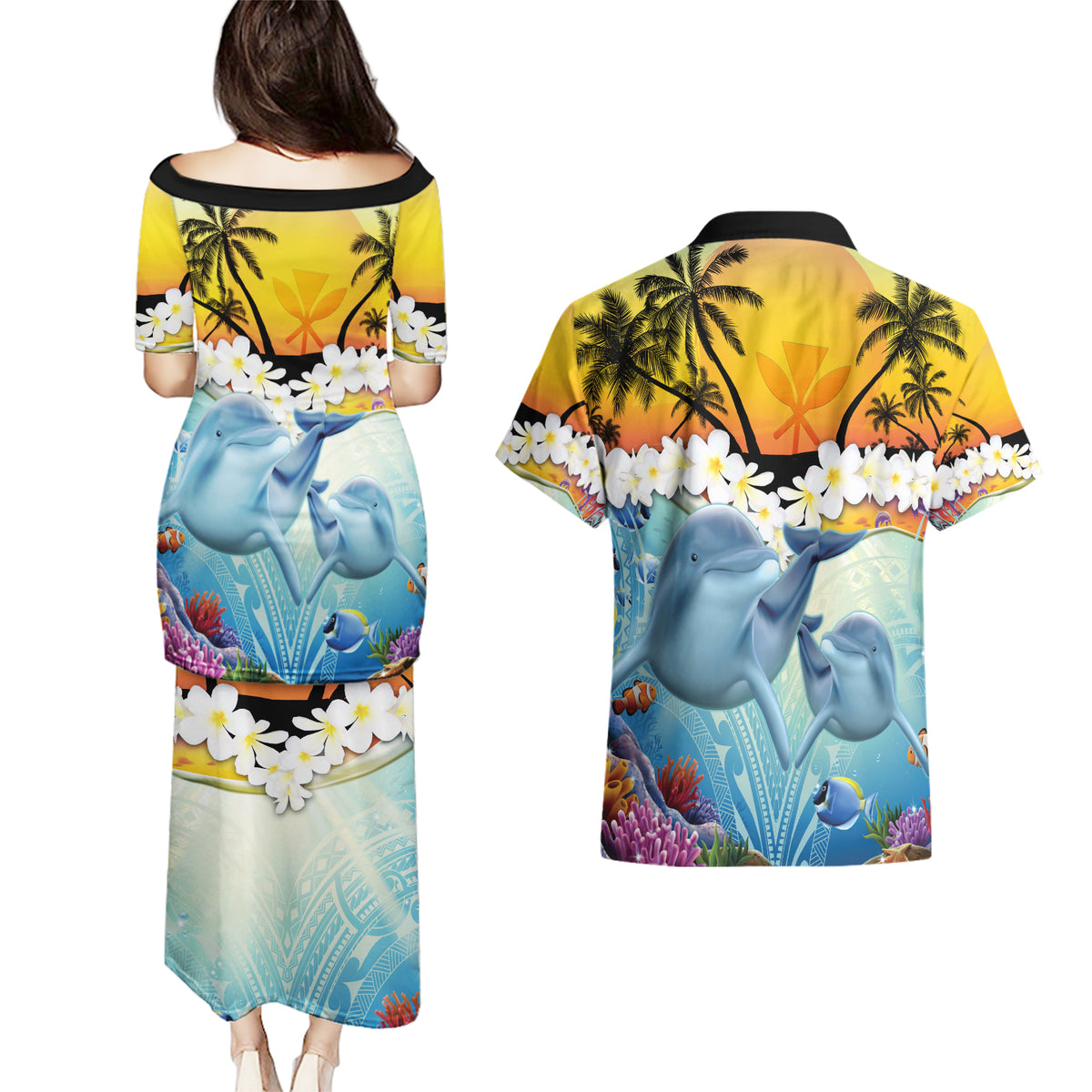 Aloha Hawaii Dolphins Couples Matching Puletasi and Hawaiian Shirt Heart Of The Ocean Tropical Summer Vibes LT14 - Polynesian Pride
