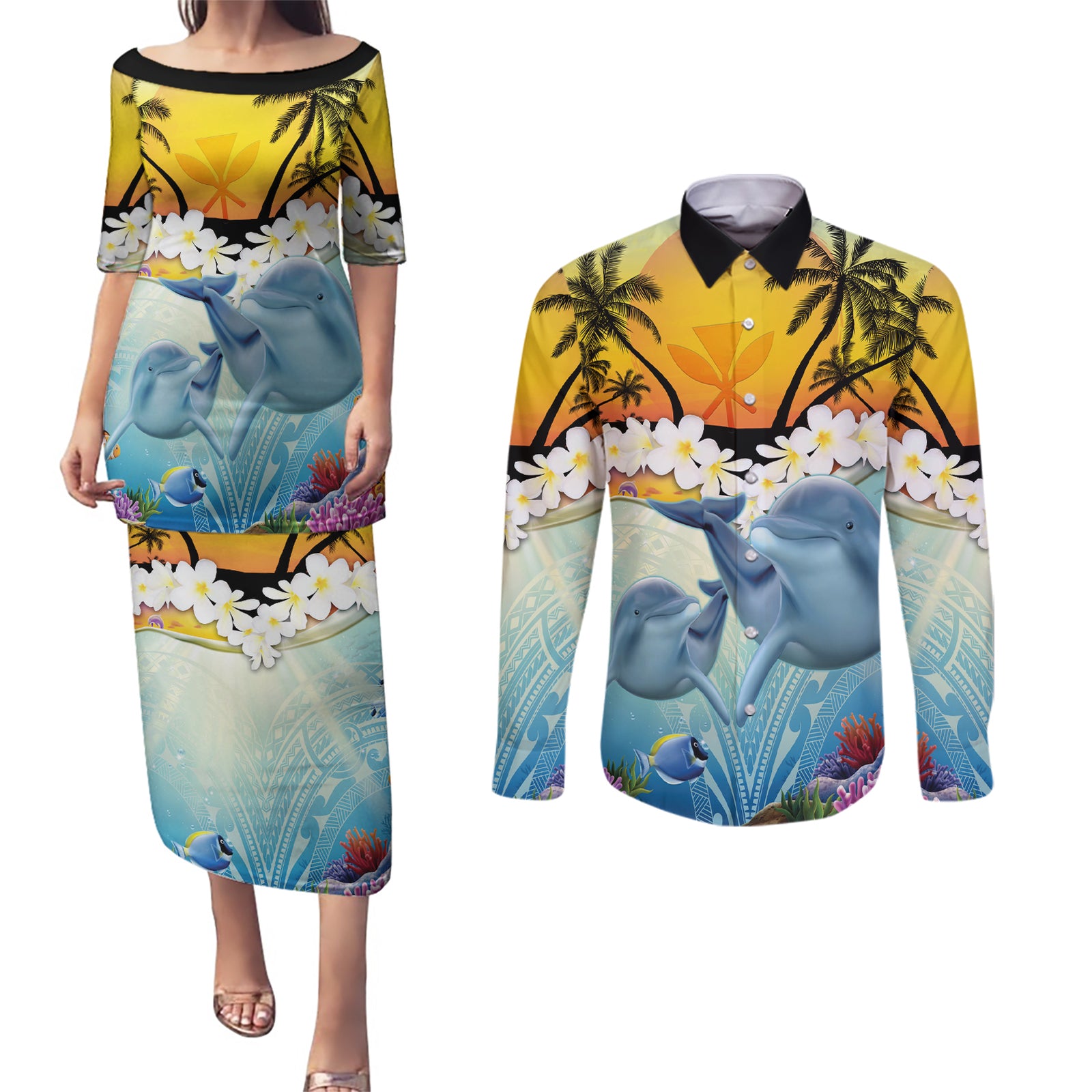Aloha Hawaii Dolphins Couples Matching Puletasi and Long Sleeve Button Shirt Heart Of The Ocean Tropical Summer Vibes LT14 Blue - Polynesian Pride