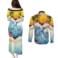 Aloha Hawaii Dolphins Couples Matching Puletasi and Long Sleeve Button Shirt Heart Of The Ocean Tropical Summer Vibes LT14 - Polynesian Pride