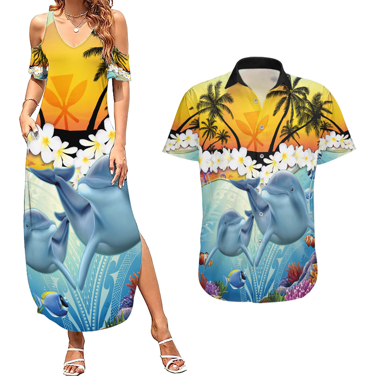 Aloha Hawaii Dolphins Couples Matching Summer Maxi Dress and Hawaiian Shirt Heart Of The Ocean Tropical Summer Vibes LT14 Blue - Polynesian Pride