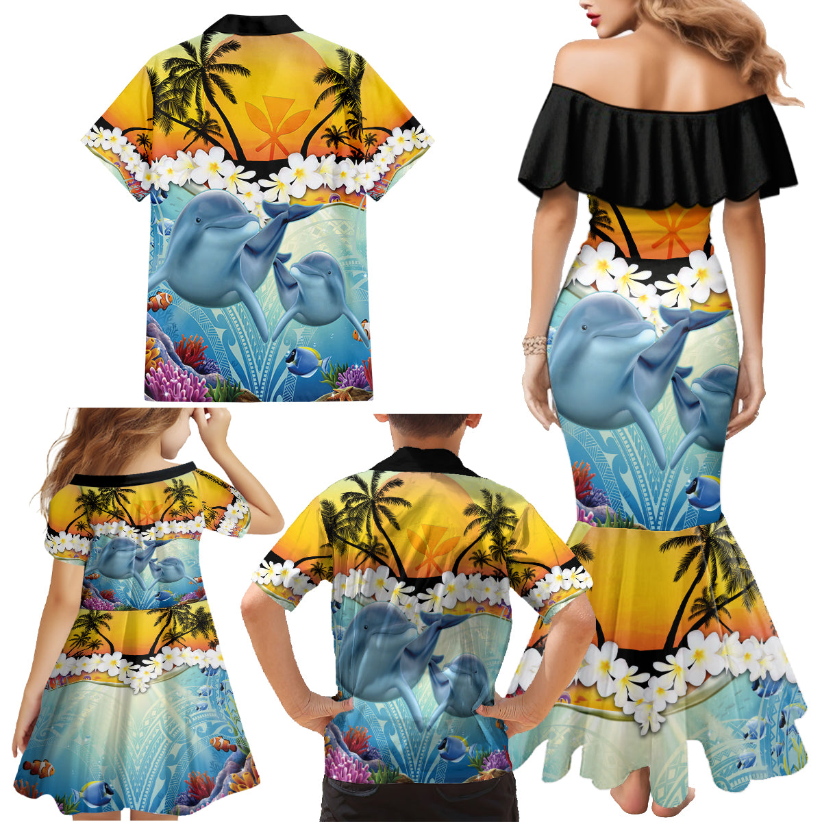 Aloha Hawaii Dolphins Family Matching Mermaid Dress and Hawaiian Shirt Heart Of The Ocean Tropical Summer Vibes LT14 - Polynesian Pride