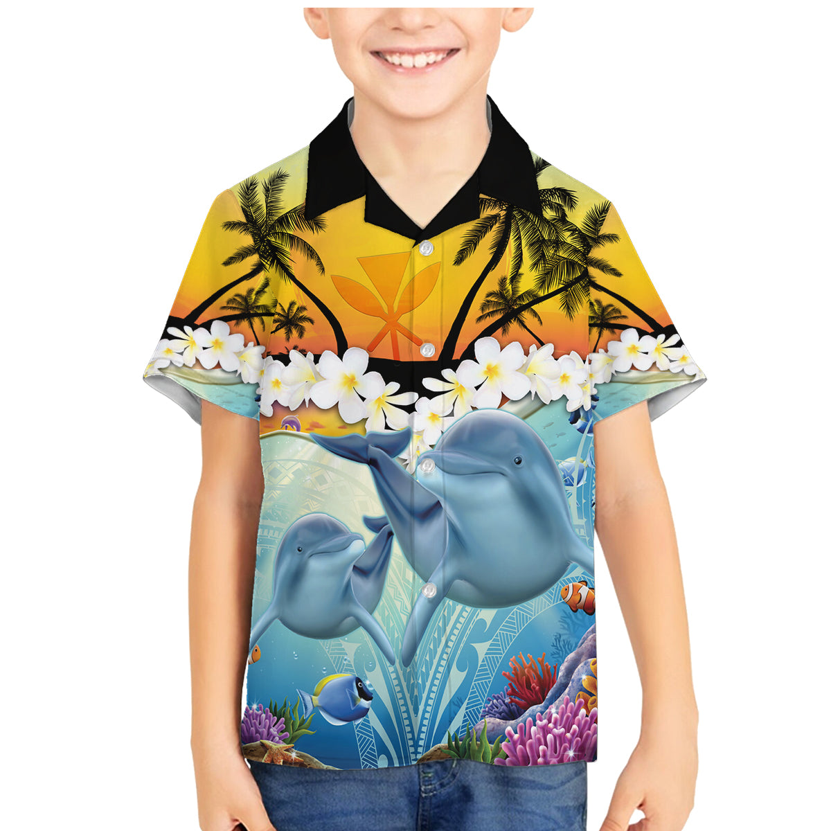 Aloha Hawaii Dolphins Family Matching Mermaid Dress and Hawaiian Shirt Heart Of The Ocean Tropical Summer Vibes LT14 Son's Shirt Blue - Polynesian Pride