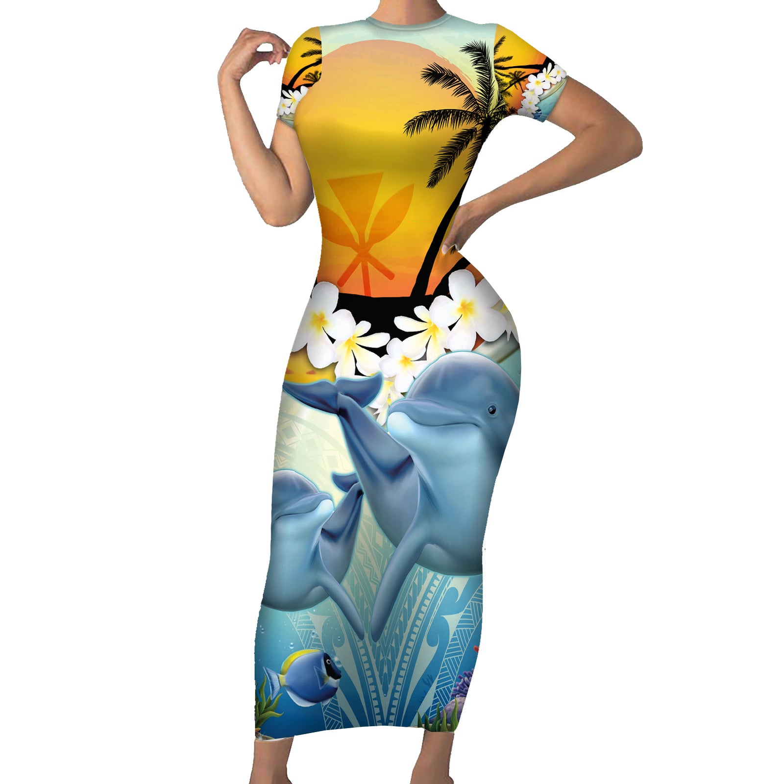 Aloha Hawaii Dolphins Short Sleeve Bodycon Dress Heart Of The Ocean Tropical Summer Vibes LT14 Long Dress Blue - Polynesian Pride
