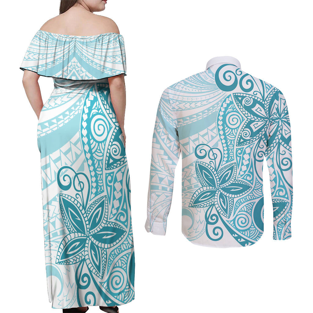 Polynesia Dolphins Couples Matching Off Shoulder Maxi Dress and Long Sleeve Button Shirt Valentine Day Floral Polynesian - Vintage Dark Cyan LT14 - Polynesian Pride