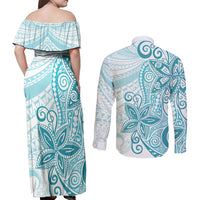 Polynesia Dolphins Couples Matching Off Shoulder Maxi Dress and Long Sleeve Button Shirt Valentine Day Floral Polynesian - Vintage Dark Cyan LT14 - Polynesian Pride