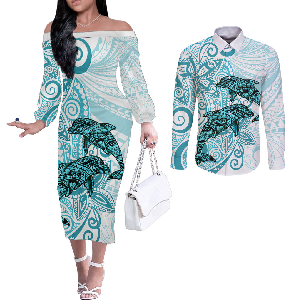 Polynesia Dolphins Couples Matching Off The Shoulder Long Sleeve Dress and Long Sleeve Button Shirt Valentine Day Floral Polynesian - Vintage Dark Cyan LT14 Dark Cyan - Polynesian Pride