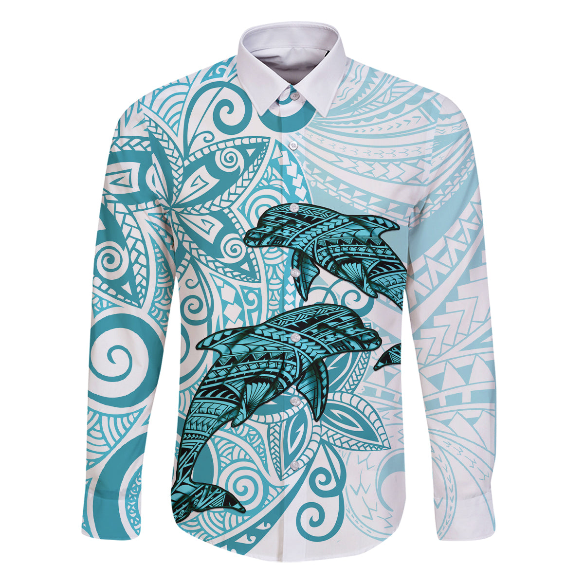 Polynesia Dolphins Family Matching Puletasi and Hawaiian Shirt Valentine Day Floral Polynesian - Vintage Dark Cyan LT14 Dad's Shirt - Long Sleeve Dark Cyan - Polynesian Pride