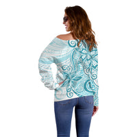 Polynesia Dolphins Off Shoulder Sweater Valentine Day Floral Polynesian - Vintage Dark Cyan LT14 - Polynesian Pride