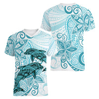 Polynesia Dolphins Women V Neck T Shirt Valentine Day Floral Polynesian - Vintage Dark Cyan LT14 - Polynesian Pride