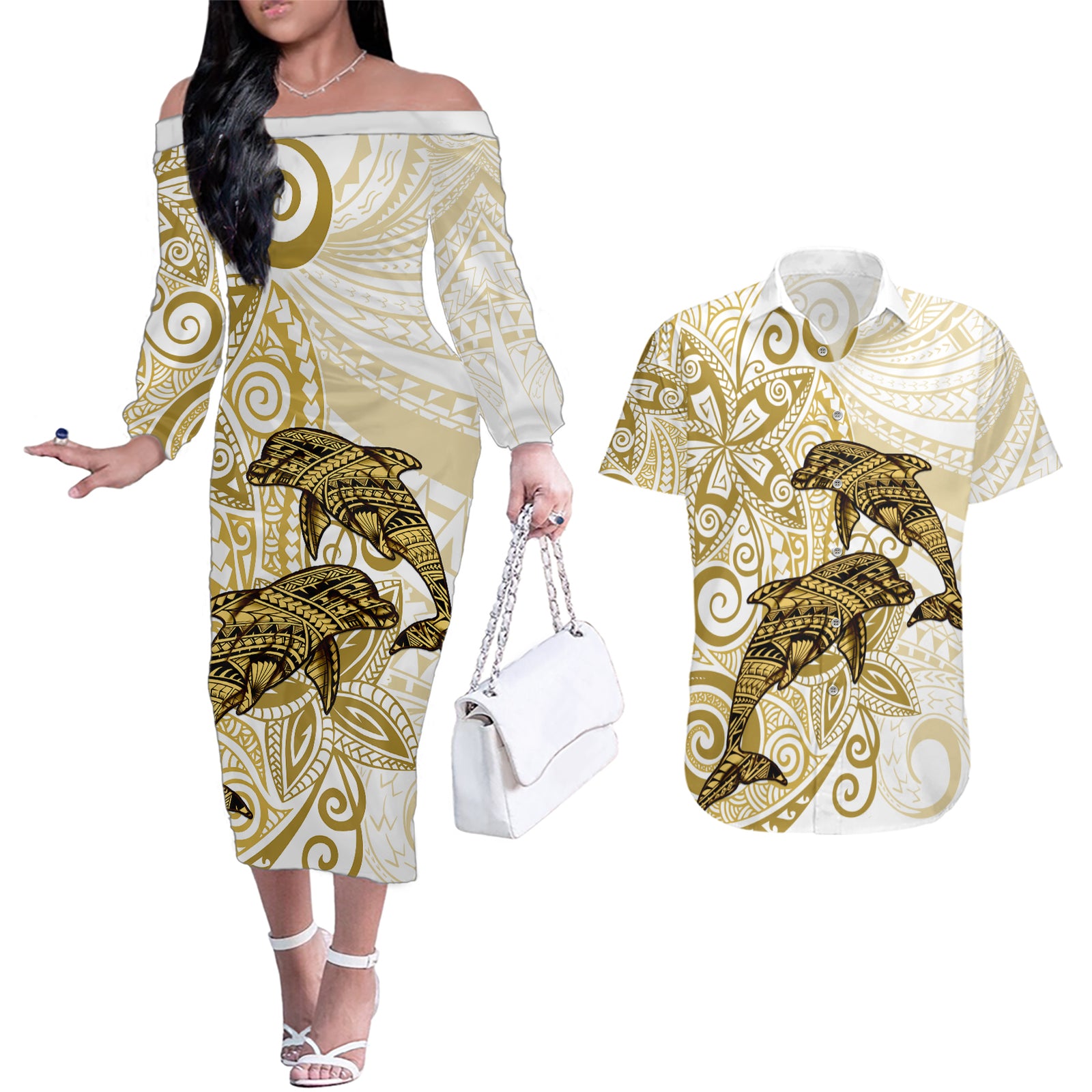Polynesia Dolphins Couples Matching Off The Shoulder Long Sleeve Dress and Hawaiian Shirt Valentine Day Floral Polynesian - Vintage Brown LT14 Brown - Polynesian Pride