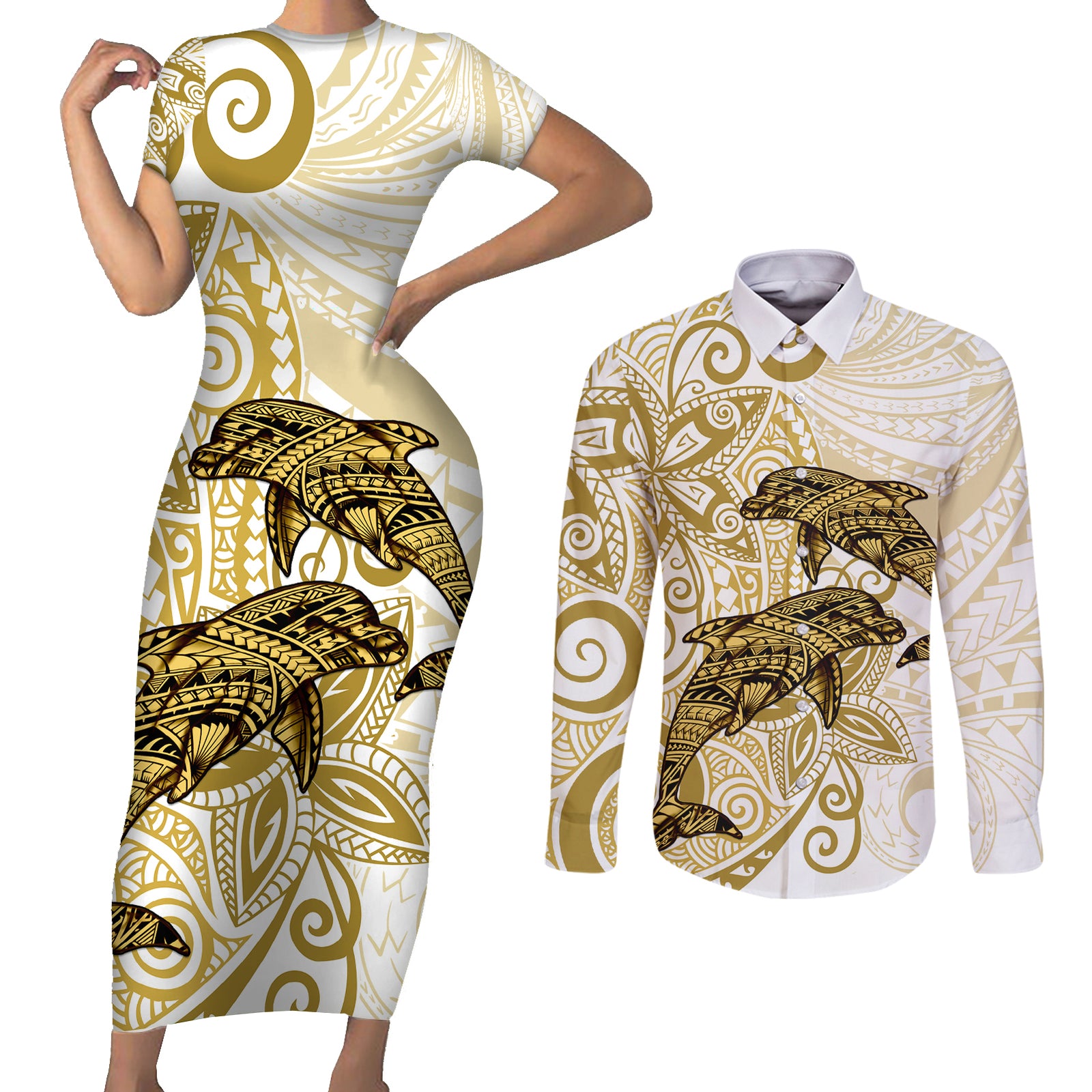 Polynesia Dolphins Couples Matching Short Sleeve Bodycon Dress and Long Sleeve Button Shirt Valentine Day Floral Polynesian - Vintage Brown LT14 Brown - Polynesian Pride