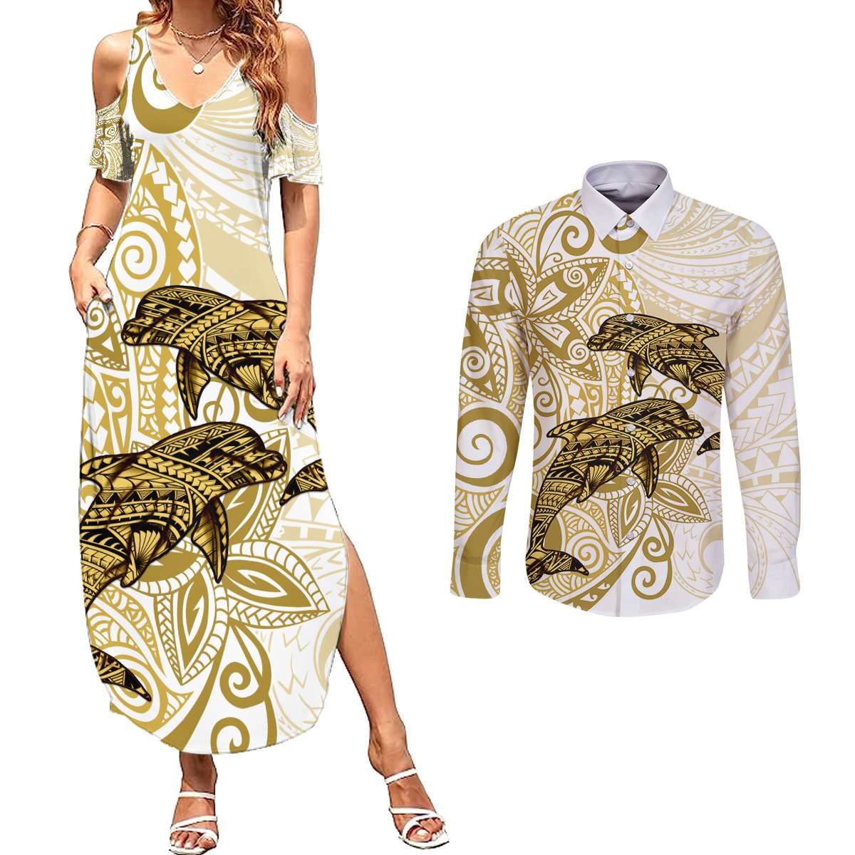 Polynesia Dolphins Couples Matching Summer Maxi Dress and Long Sleeve Button Shirt Valentine Day Floral Polynesian - Vintage Brown LT14 Brown - Polynesian Pride