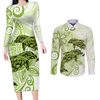 Polynesia Dolphins Couples Matching Long Sleeve Bodycon Dress and Long Sleeve Button Shirt Valentine Day Floral Polynesian - Vintage Lime Green LT14 Lime Green - Polynesian Pride