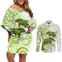 Polynesia Dolphins Couples Matching Off Shoulder Short Dress and Long Sleeve Button Shirt Valentine Day Floral Polynesian - Vintage Lime Green LT14 Lime Green - Polynesian Pride