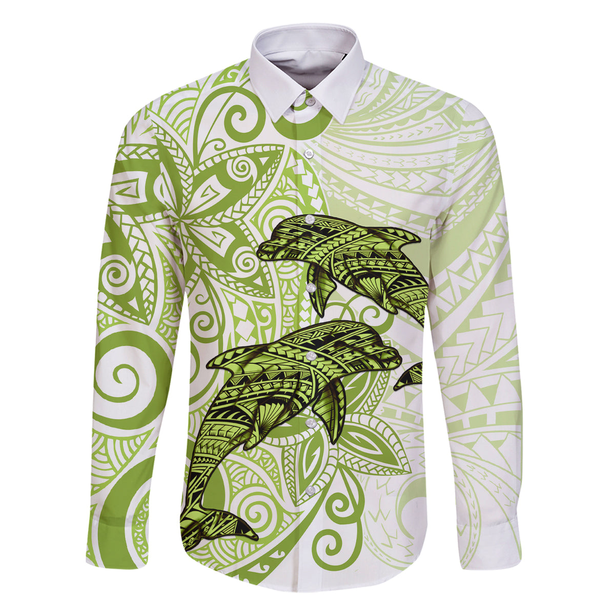 Polynesia Dolphins Family Matching Summer Maxi Dress and Hawaiian Shirt Valentine Day Floral Polynesian - Vintage Lime Green LT14 Dad's Shirt - Long Sleeve Lime Green - Polynesian Pride