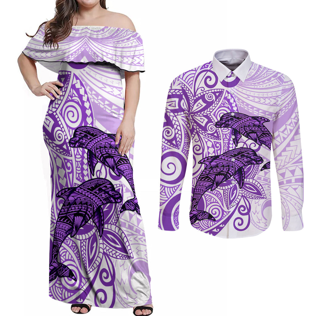 Polynesia Dolphins Couples Matching Off Shoulder Maxi Dress and Long Sleeve Button Shirt Valentine Day Floral Polynesian - Vintage Purple LT14 Purple - Polynesian Pride