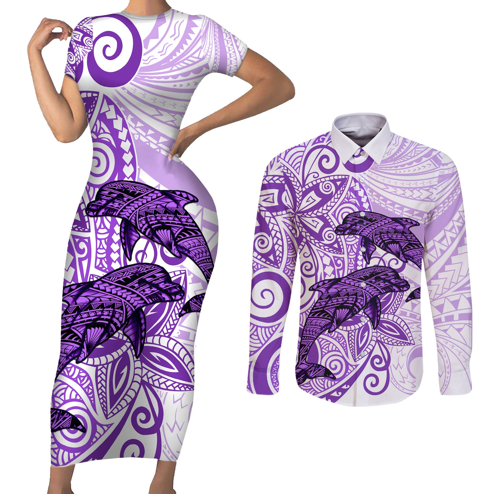 Polynesia Dolphins Couples Matching Short Sleeve Bodycon Dress and Long Sleeve Button Shirt Valentine Day Floral Polynesian - Vintage Purple LT14 Purple - Polynesian Pride