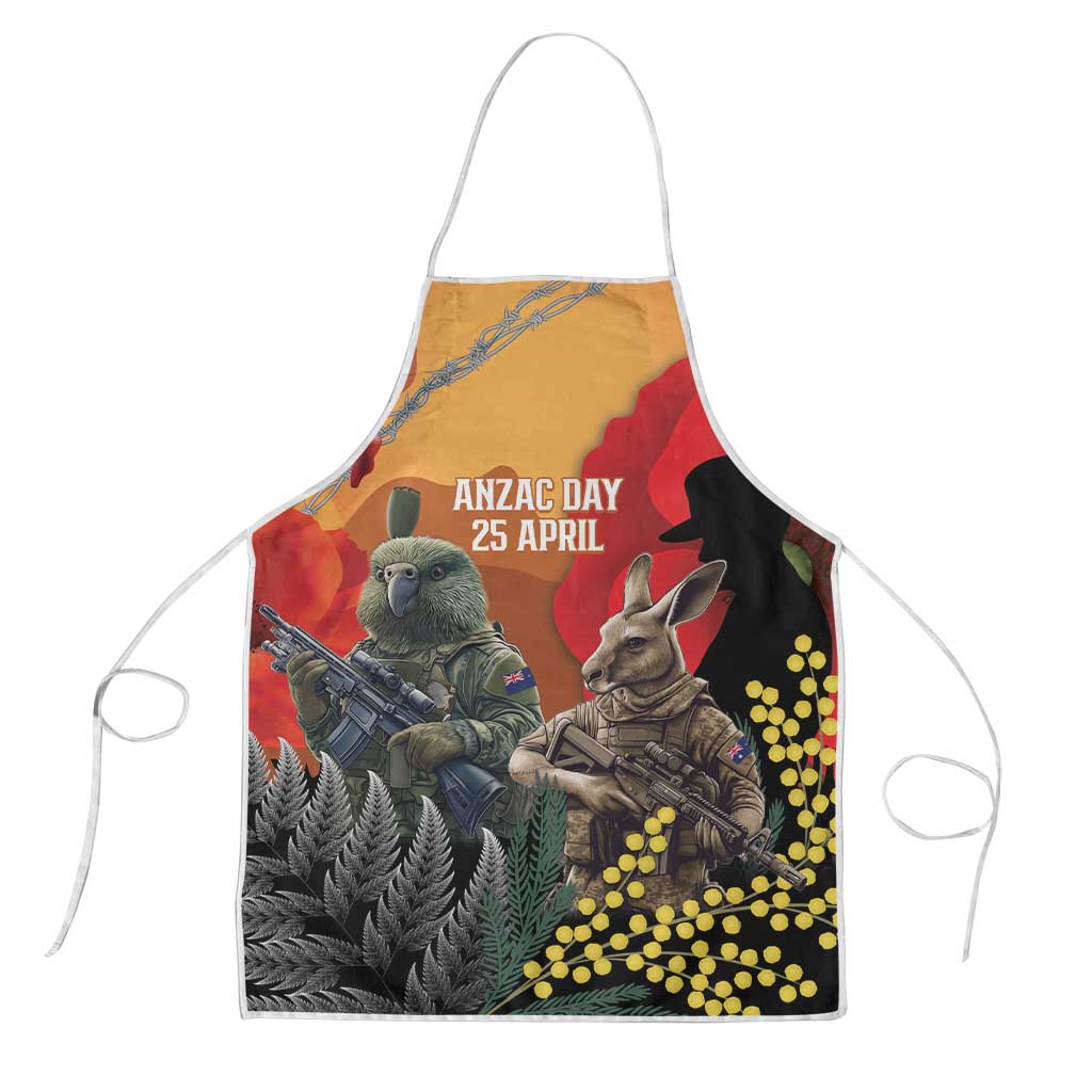 New Zealand and Australia ANZAC Day Apron Sliver Fern Kakapo With Golden Wattle Kangaroo LT14 Gold - Polynesian Pride