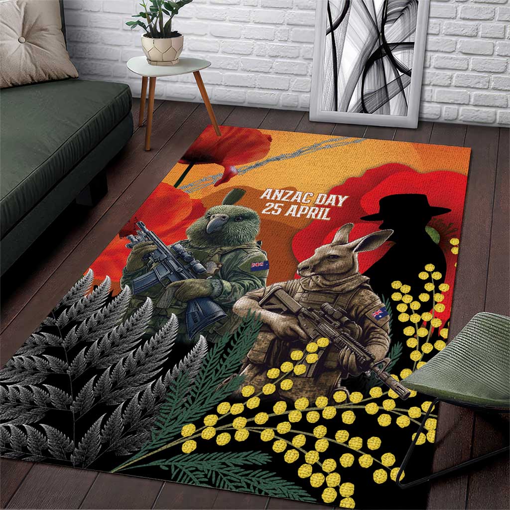 New Zealand and Australia ANZAC Day Area Rug Sliver Fern Kakapo With Golden Wattle Kangaroo LT14 Gold - Polynesian Pride