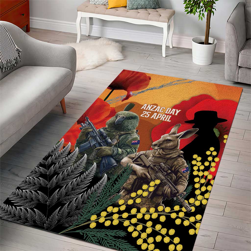 New Zealand and Australia ANZAC Day Area Rug Sliver Fern Kakapo With Golden Wattle Kangaroo LT14 - Polynesian Pride