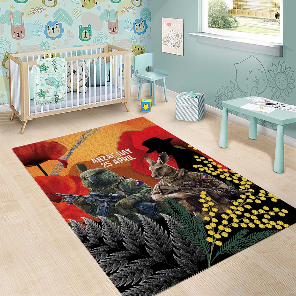 New Zealand and Australia ANZAC Day Area Rug Sliver Fern Kakapo With Golden Wattle Kangaroo LT14 - Polynesian Pride