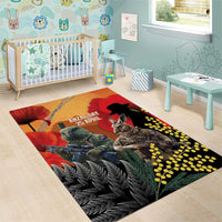 New Zealand and Australia ANZAC Day Area Rug Sliver Fern Kakapo With Golden Wattle Kangaroo LT14 - Polynesian Pride