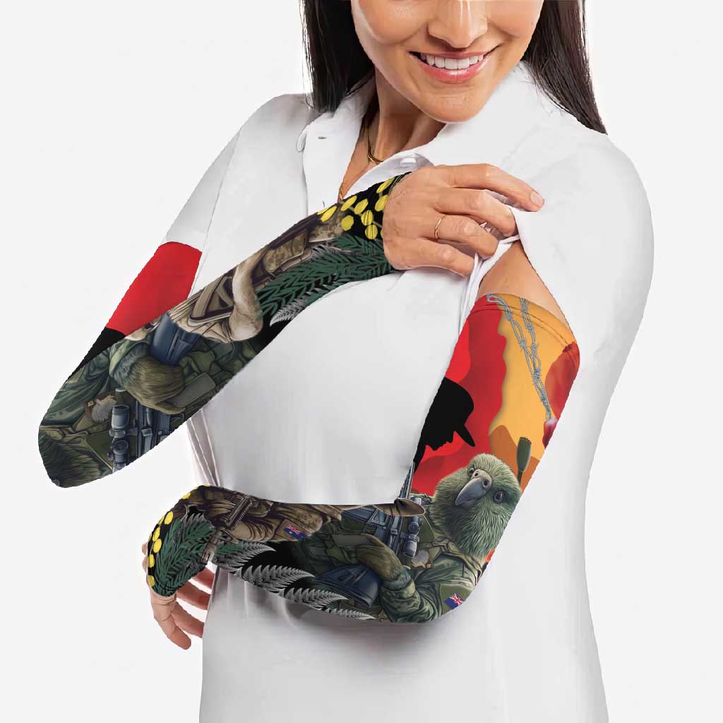 New Zealand and Australia ANZAC Day Arm Sleeves Sliver Fern Kakapo With Golden Wattle Kangaroo LT14 - Polynesian Pride