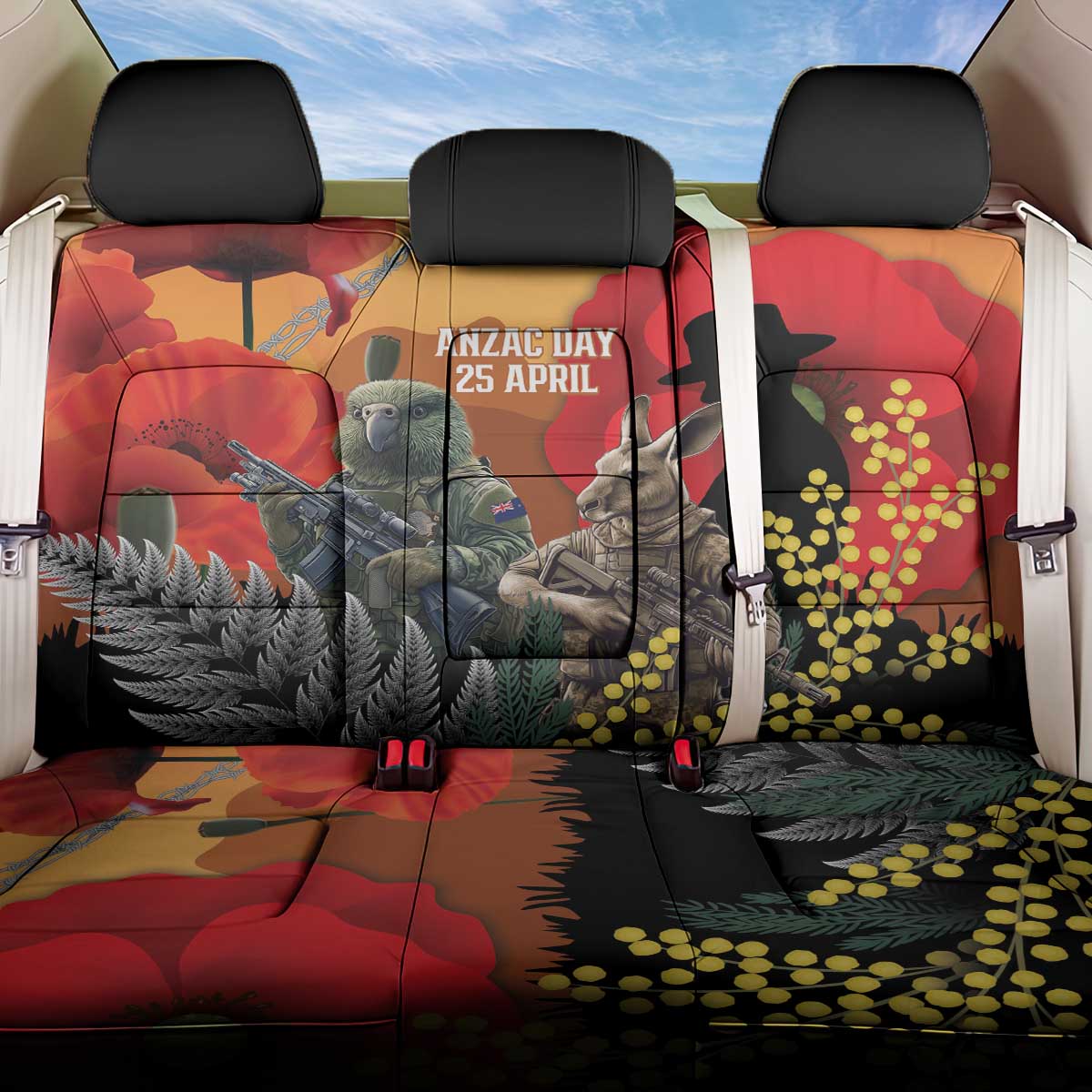 New Zealand and Australia ANZAC Day Back Car Seat Cover Sliver Fern Kakapo With Golden Wattle Kangaroo LT14 One Size Gold - Polynesian Pride