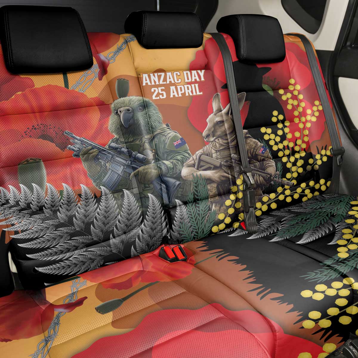 New Zealand and Australia ANZAC Day Back Car Seat Cover Sliver Fern Kakapo With Golden Wattle Kangaroo LT14 - Polynesian Pride