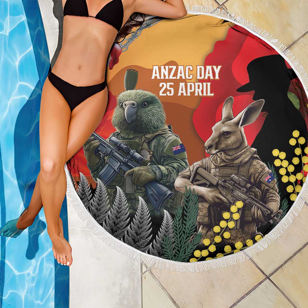 New Zealand and Australia ANZAC Day Beach Blanket Sliver Fern Kakapo With Golden Wattle Kangaroo LT14 - Polynesian Pride