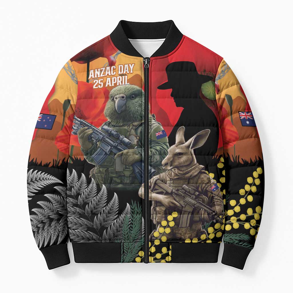 New Zealand and Australia ANZAC Day Bomber Puffer Jacket Sliver Fern Kakapo With Golden Wattle Kangaroo LT14 Unisex Gold - Polynesian Pride
